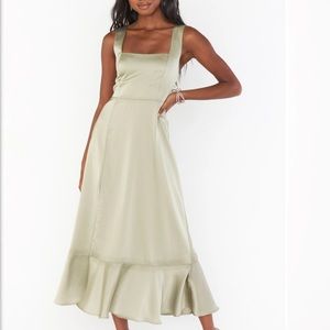 XS Show Me Your MuMu Claire Midi Dress in Miss Green Luxe Satin Color!